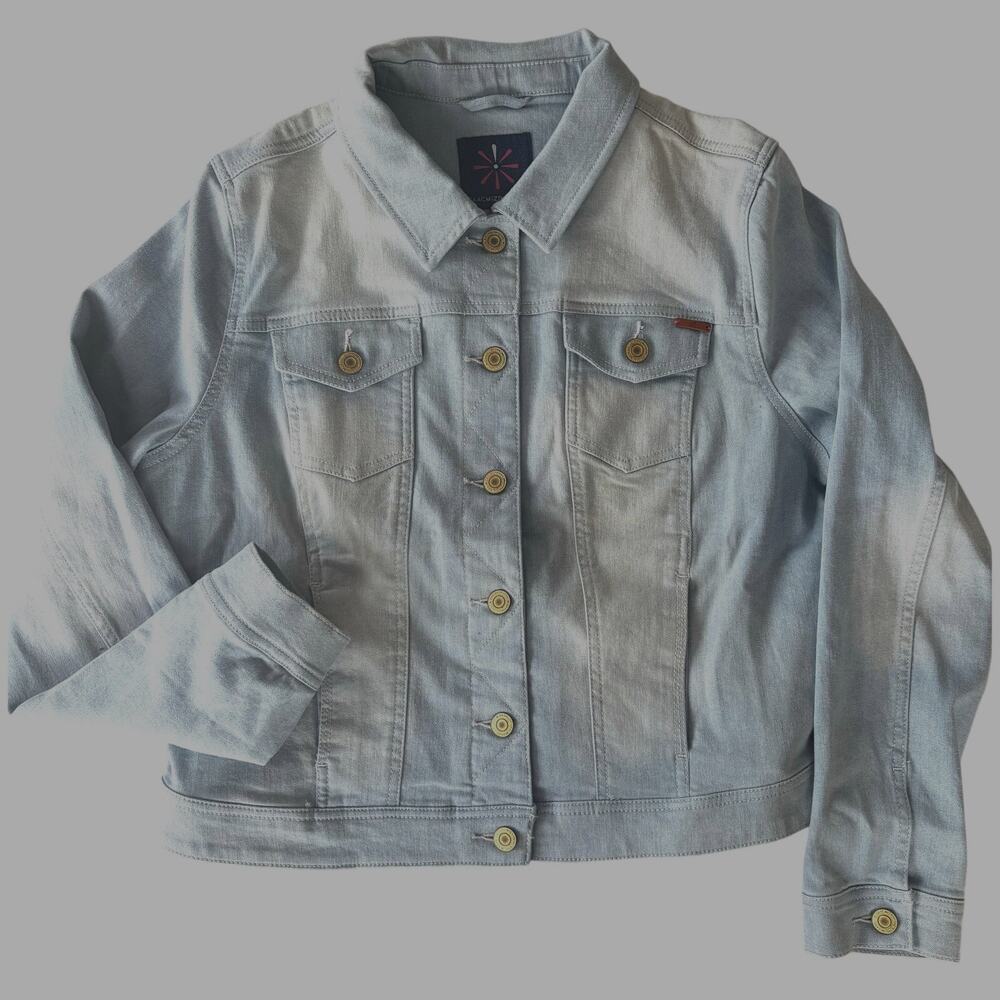 Denim Jacket Womens 12 M Light Blue Stretch Button Front QVC Isaac Mizrahi Live